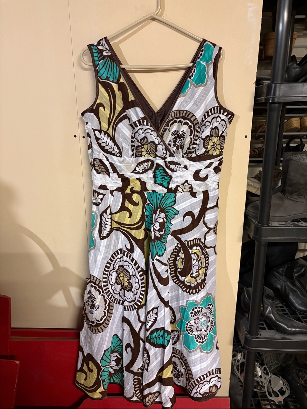 Lane Bryant Floral V-Neck Midi Dress in White, Teal, Brown